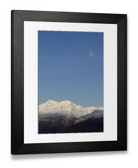 Framed Print : USA, Alaska, Full moon above Chugach Range mountain peaks in early winter