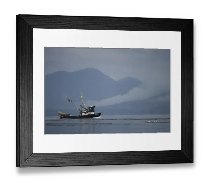 Framed Print : USA, Alaska, Angoon, FV Lady Jane, a salmon fishing boat, motors past fog-shrouded