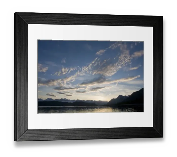 Framed Print : USA, Alaska, Glacier Bay National Park, Setting sun lights clouds above Fairweather Range