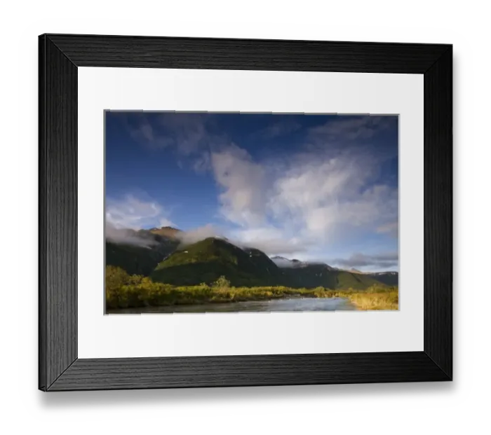 Framed Print : USA, Alaska, Katmai National Park, Kinak Bay, Setting sun lights mountain peaks