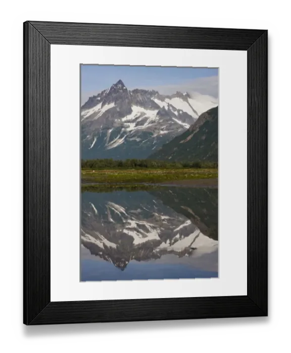 Framed Print : USA, Alaska, Katmai National Park, Kukak Bay, Mountain peaks reflected in still water
