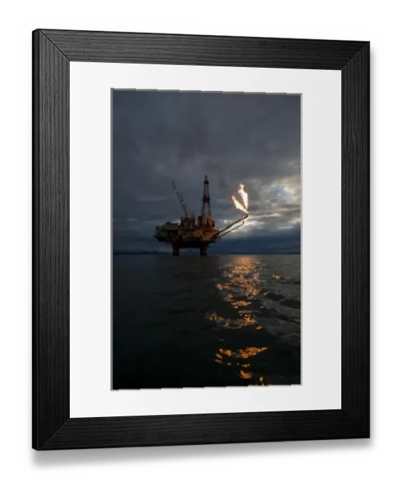 Framed Print : USA, Alaska, Kenai Peninsula, Natural gas flare from offshore oil drilling rigs in