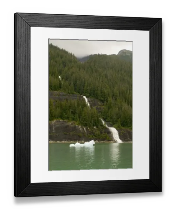 Framed Print : North America, USA, AK, Inside Passage. Waterfall through forest to ocean with ice floe Framed Print : North America, USA, AK, Inside Passage. Waterfall through forest to ocean with ice floe
