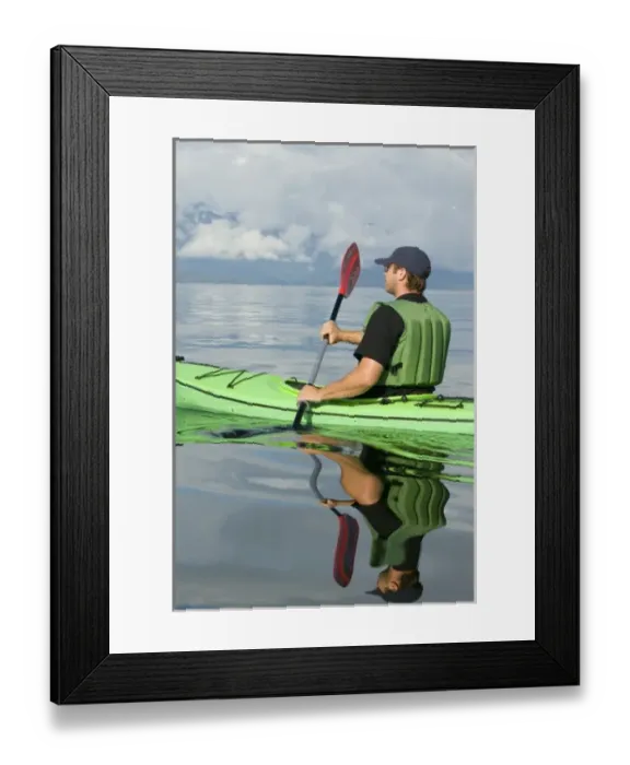 Framed Print : North america, USA, AK, Inside Passage. Kayaker enjoys brilliant calm day (MR) Framed Print : North america, USA, AK, Inside Passage. Kayaker enjoys brilliant calm day (MR)
