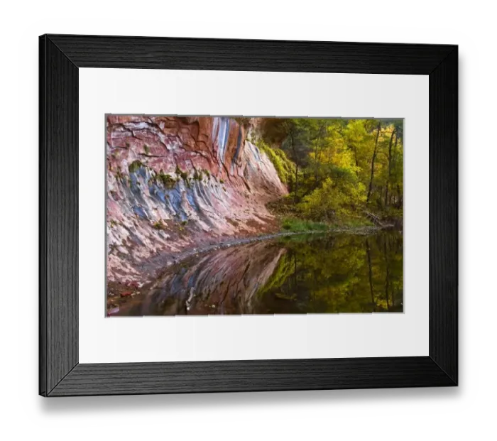 Framed Print : USA, Arizona, Sedona, Oak Creek Canyon. Rock formation patterns and trees in autumn