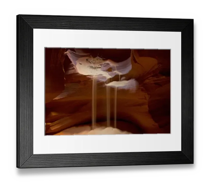 Framed Print : USA, Arizona, Upper Antelope Canyon. Streams of loose sand drop from rocky ledge Framed Print : USA, Arizona, Upper Antelope Canyon. Streams of loose sand drop from rocky ledge