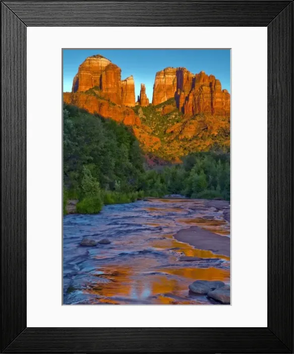 Framed Print : USA, Arizona, Sedona, Red Rock State Park. Cathedral Rock formation reflecting