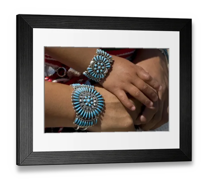 Framed Print : Turquoise bracelets crafted and worn by a Navajo Indian mother and daughter from Arizona, USA Framed Print : Turquoise bracelets crafted and worn by a Navajo Indian mother and daughter from Arizona, USA