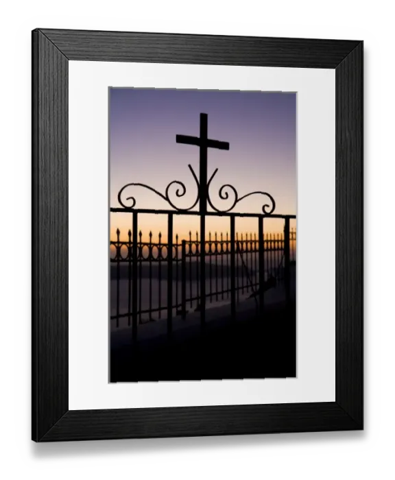 Framed Print : Greece and Greek Island of Santorini town of Fira with metal iron work and silhouette