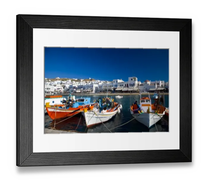 Framed Print : Greece and Greek Island of Mykonos and the harbor town of Hora with colorful fishing Framed Print : Greece and Greek Island of Mykonos and the harbor town of Hora with colorful fishing