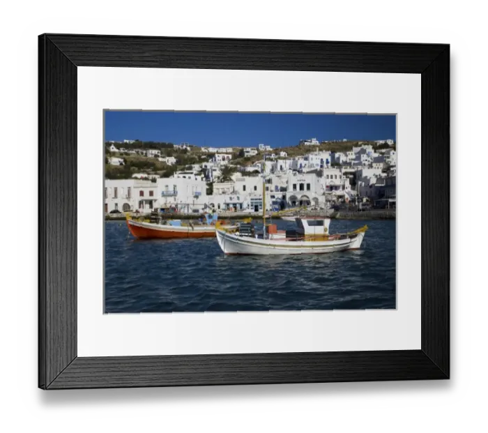 Framed Print : Greece and Greek Island of Mykonos and the harbor town of Hora with colorful fishing Framed Print : Greece and Greek Island of Mykonos and the harbor town of Hora with colorful fishing