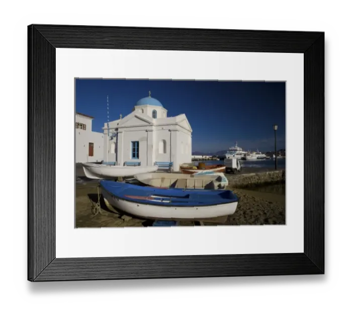Framed Print : Greece and Greek Island of Mykonos and the harbor town of Hora and the church of Framed Print : Greece and Greek Island of Mykonos and the harbor town of Hora and the church of