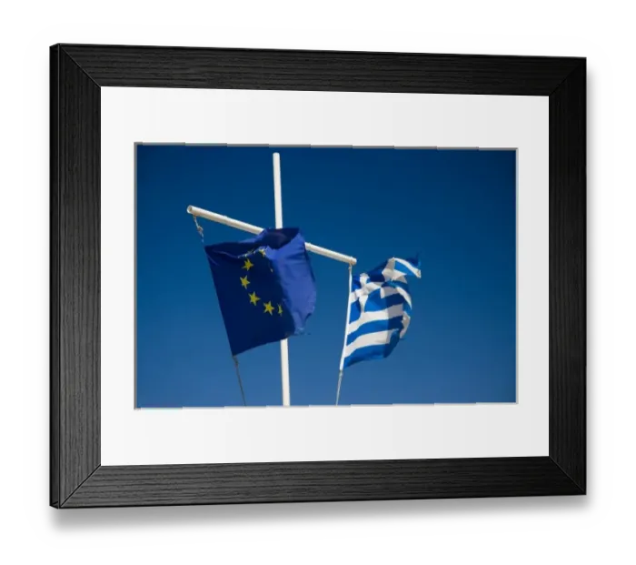 Framed Print : Greece and Greek Island of Mykonos and the harbor town of Hora in harbor flying the European Union Framed Print : Greece and Greek Island of Mykonos and the harbor town of Hora in harbor flying the European Union