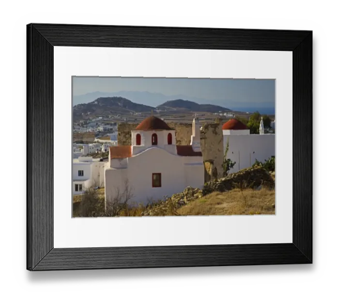 Framed Print : Greece and Greek Island of Mykonos and one of many chapels thoughout the entire island
