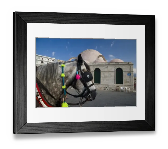 Framed Print : Greek Island of Crete and old town of Chania with horse drawn buggy for the tourist Framed Print : Greek Island of Crete and old town of Chania with horse drawn buggy for the tourist