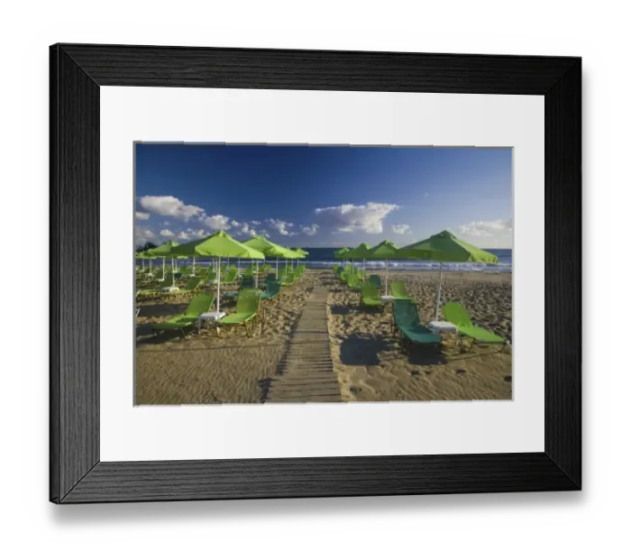 Framed Print : Greece and Greek Island of Crete with the city of Rethimnon with green umbrellas Framed Print : Greece and Greek Island of Crete with the city of Rethimnon with green umbrellas