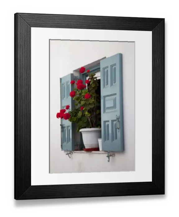 Framed Print : Greece, Mykonos, Shuttered window, Flower Pot with Geranium Framed Print : Greece, Mykonos, Shuttered window, Flower Pot with Geranium