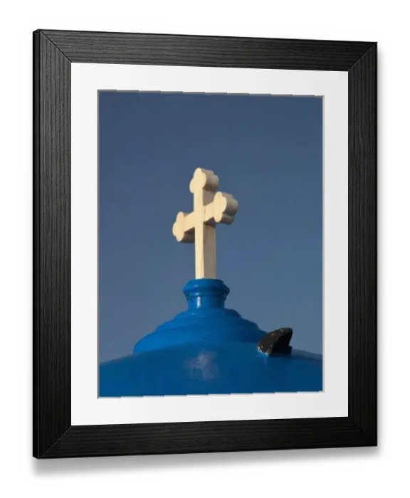 Framed Print : Greece, Santorini. Church with blue dome and white cross in village of Firostefani Framed Print : Greece, Santorini. Church with blue dome and white cross in village of Firostefani