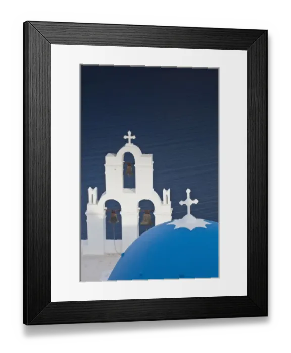 Framed Print : Greece, Santorini. Bell tower and blue domes of church in village of Firostefani Framed Print : Greece, Santorini. Bell tower and blue domes of church in village of Firostefani