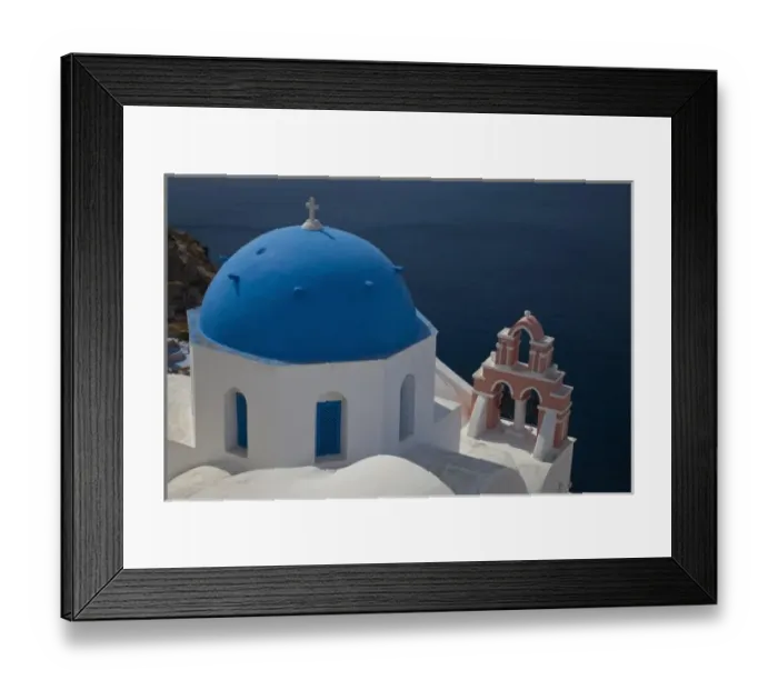Framed Print : Greece, Santorini. Bell tower and blue domes of church in village of Oia