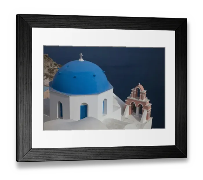 Framed Print : Greece, Santorini. Bell tower and blue domes of church in village of Oia