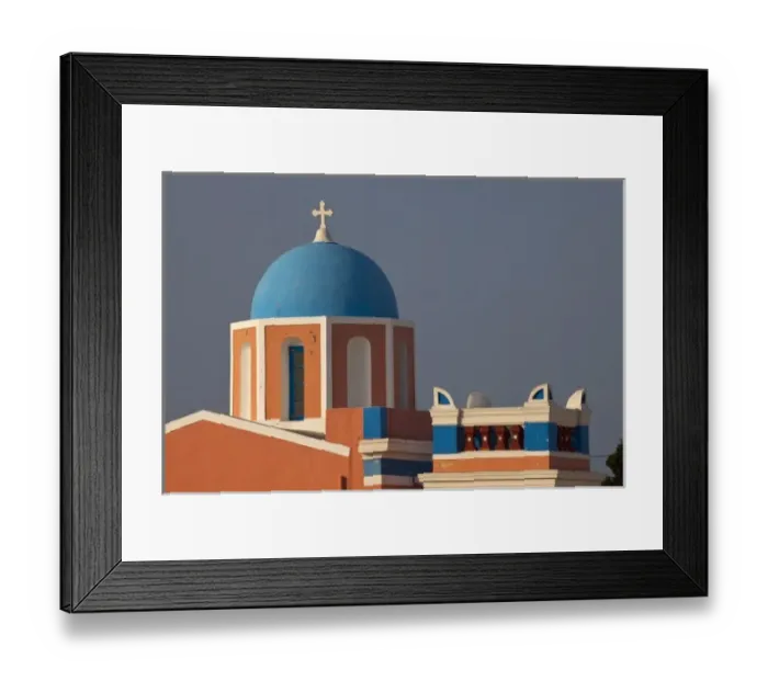 Framed Print : Greece, Santorini. Bell tower and blue domes of church in village of Oia