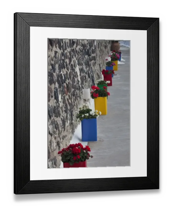 Framed Print : Greece, Santorini. Colorful Geranium planters in Firostefanio Framed Print : Greece, Santorini. Colorful Geranium planters in Firostefanio