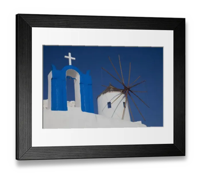 Framed Print : Greece, Santorini. Town of Oia and small bell tower with windmill Framed Print : Greece, Santorini. Town of Oia and small bell tower with windmill