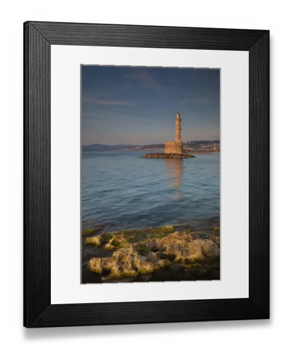 Framed Print : Greece, Crete, Chania, old harbor with Venetian Lighthouse in reflection Framed Print : Greece, Crete, Chania, old harbor with Venetian Lighthouse in reflection