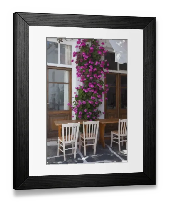 Framed Print : Greece, Mykonos, Hora, Restaurant with outside seating and lovely Geranium growing Framed Print : Greece, Mykonos, Hora, Restaurant with outside seating and lovely Geranium growing