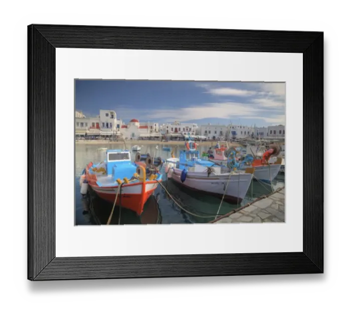Framed Print : Greece, Mykonos, Hora, Harbor with colorful and old fishing boats Framed Print : Greece, Mykonos, Hora, Harbor with colorful and old fishing boats