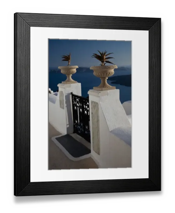 Framed Print : Greece, Santorini, gate along the walkway of the Caldera in Firostefani