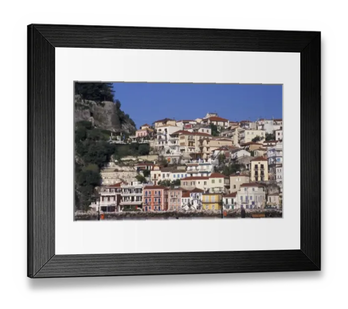 Framed Print : Greece, Parga, Epirus. View of Kastro and buildings overlooking harbor