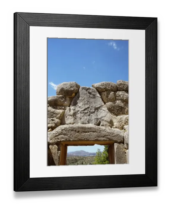 Framed Print : Mycenaean Art. The Lion Gate of Mycenae fortress. View behind the gate. Argos, Peloponnese, Greece Framed Print : Mycenaean Art. The Lion Gate of Mycenae fortress. View behind the gate. Argos, Peloponnese, Greece