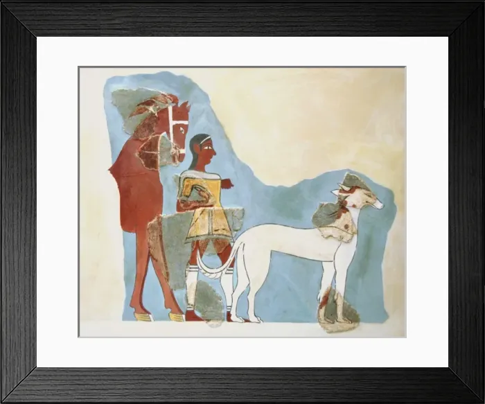 Framed Print : Man standing holding the reins of a horse with a dog before. Fresco dated between 14th Framed Print : Man standing holding the reins of a horse with a dog before. Fresco dated between 14th