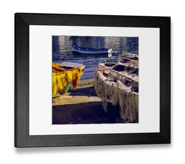 Framed Print : Europe, Greece, Mykonos. Nets draped over boats appear as fine-textured decoration in Mykonos Framed Print : Europe, Greece, Mykonos. Nets draped over boats appear as fine-textured decoration in Mykonos