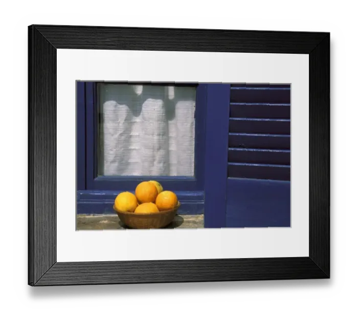Framed Print : Oia, Santorini, Greece, Oranges in a basket on a windowsill in the sun Framed Print : Oia, Santorini, Greece, Oranges in a basket on a windowsill in the sun