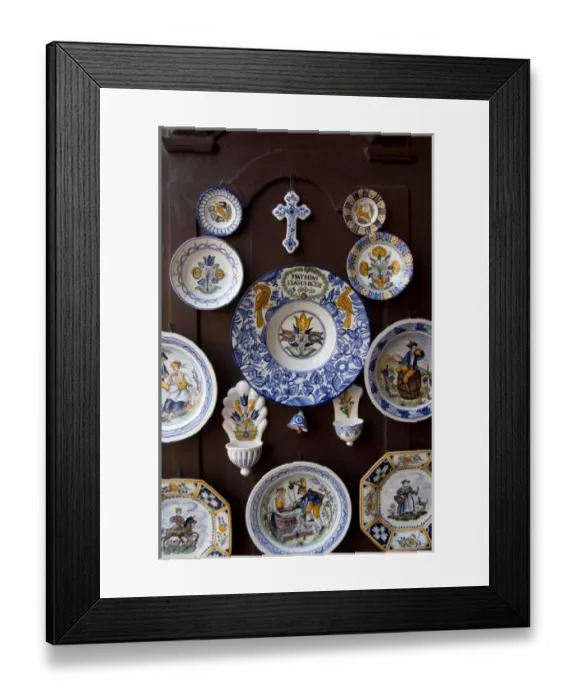 Framed Print : Hungary, capital city of Budapest. Buda, Castle Hill. Traditional Hungarian blue & yellow pottery