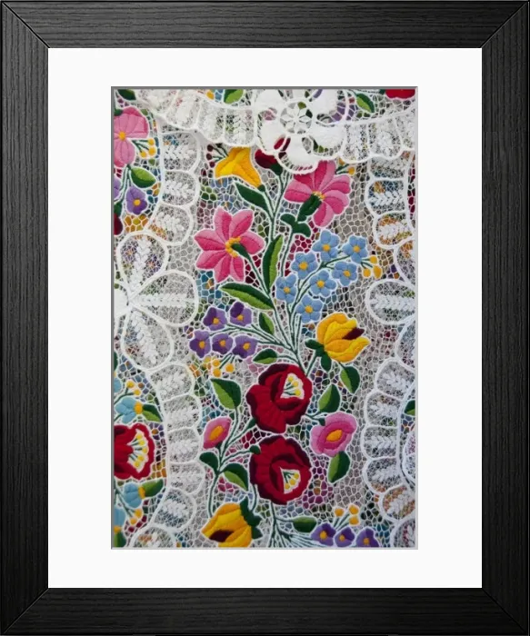 Framed Print : Hungary, capital city of Budapest. Buda side, Castle Hill. Traditional hand made embroidered lace