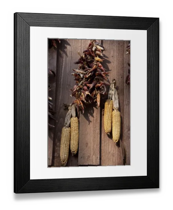 Framed Print : Hungary, Budapest. Dried paprika & corn on old barn wall Framed Print : Hungary, Budapest. Dried paprika & corn on old barn wall