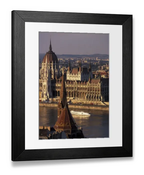 Framed Print : Hungary, Budapest. Parliament house and Calvinist Church on the Danube River Framed Print : Hungary, Budapest. Parliament house and Calvinist Church on the Danube River
