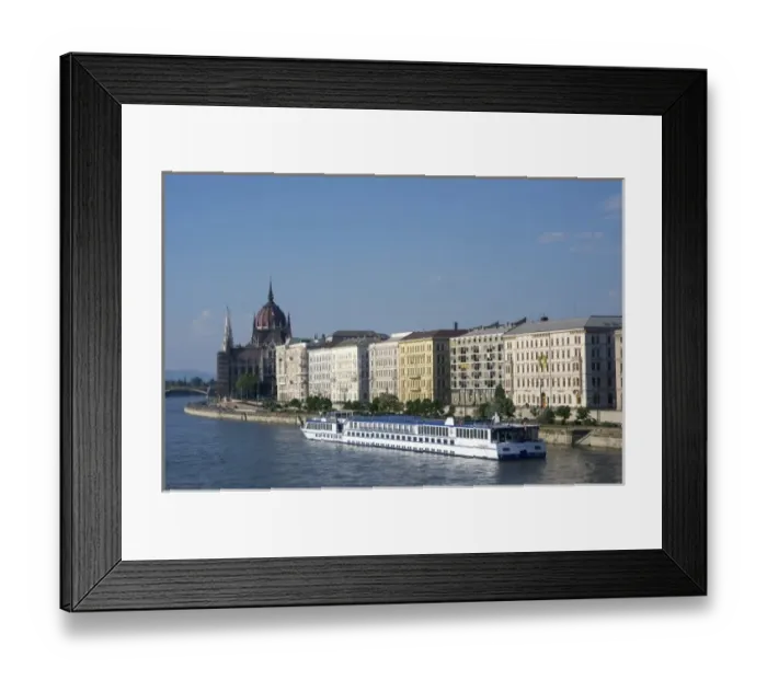 Framed Print : Europe, Hungary, Budapest, riverboat on Daunube River, view of Pest