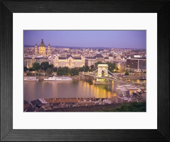 Framed Print : HUNGARY, Budapest. View of the Szechenyi Chain Bridge and St. Stephens Basilica