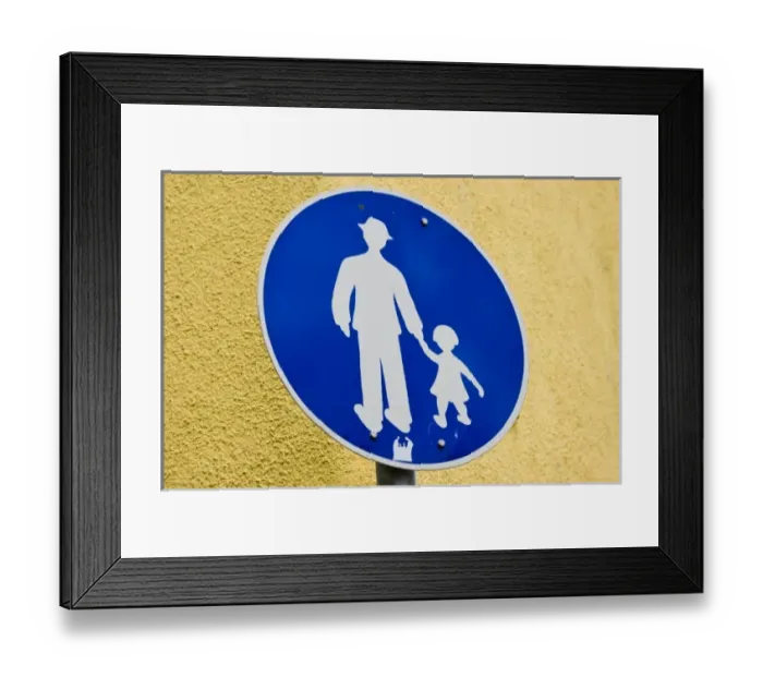 Framed Print : Blue sign of man and child walking, Budapest, Hungary, Europe Framed Print : Blue sign of man and child walking, Budapest, Hungary, Europe