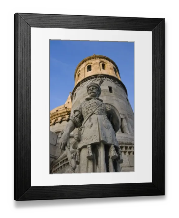 Framed Print : Statue at Fishermens Bastion next to Matyas Church, Castle Hill, Buda side of Central Budapest Framed Print : Statue at Fishermens Bastion next to Matyas Church, Castle Hill, Buda side of Central Budapest