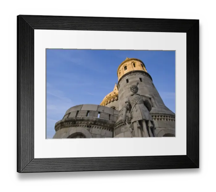 Framed Print : Statue at Fishermens Bastion next to Matyas Church, Castle Hill, Buda side of Central Budapest Framed Print : Statue at Fishermens Bastion next to Matyas Church, Castle Hill, Buda side of Central Budapest