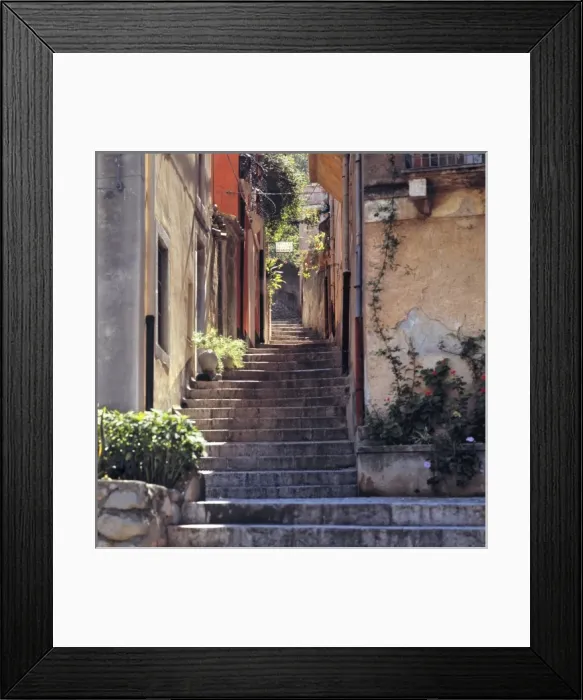 Framed Print : Italy, Sicily, Taormina. A stairway invites walkers to explore Taormina on Sicily, Italy Framed Print : Italy, Sicily, Taormina. A stairway invites walkers to explore Taormina on Sicily, Italy