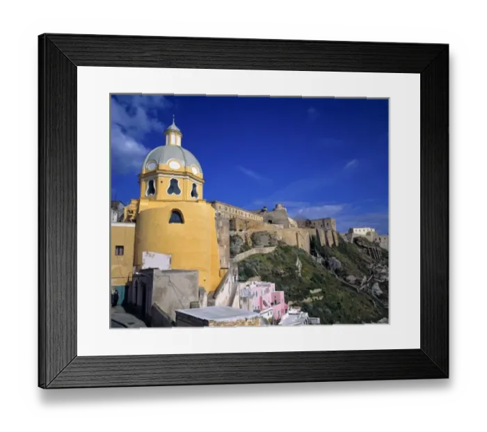 Framed Print : Europe, Italy, Procida. A small church borders Piazza Partiri below Terra Murata Framed Print : Europe, Italy, Procida. A small church borders Piazza Partiri below Terra Murata