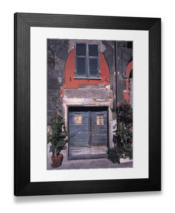 Framed Print : Europe, Italy, Vernazza. Blue wooden doors are accented by the red walls and ancient
