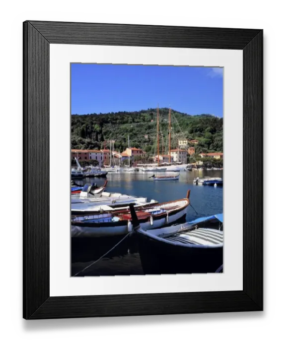 Framed Print : Europe, Italy, Le Grazie. Brightly colored boats dock in the harbor at Le Grazie, Liguria, Italy